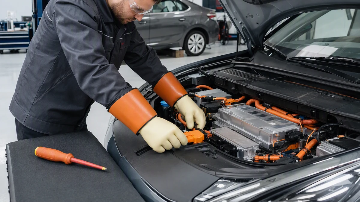 Técnico com luvas isolantes de alta tensão trabalhando no compartimento do motor de um veículo elétrico