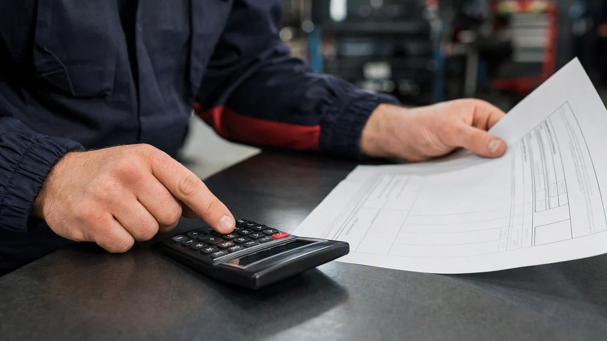 Dono de oficina calculando valores em calculadora ao lado de orçamento de serviço