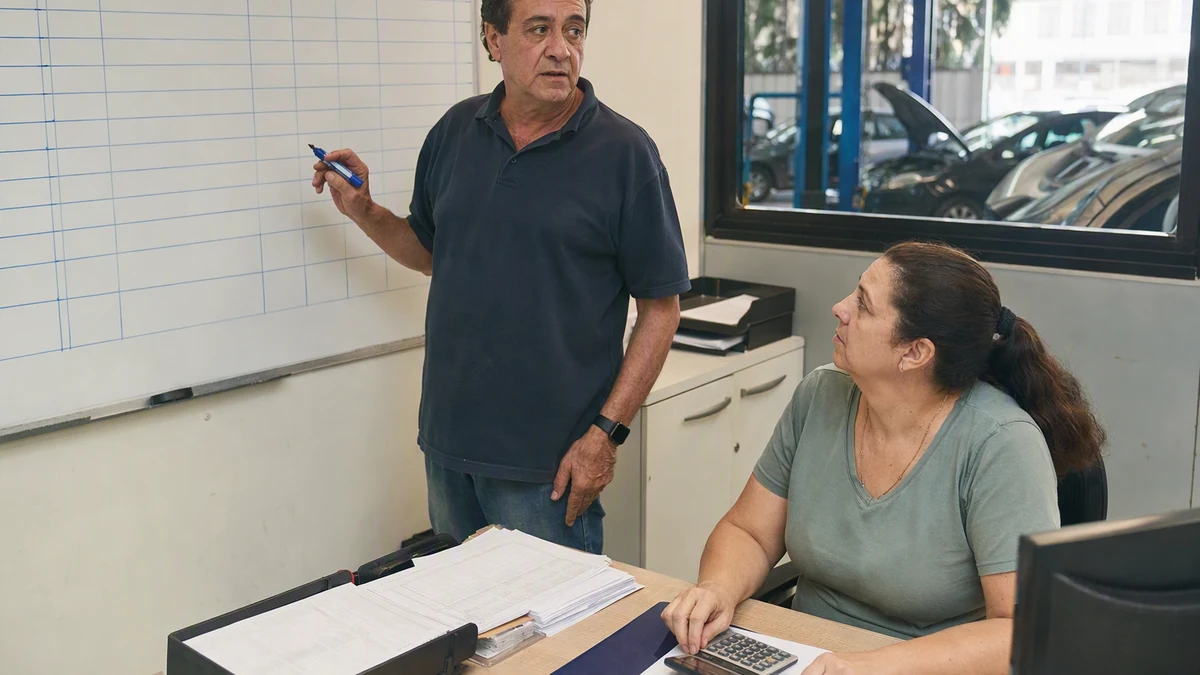 Dono e responsável administrativa diante de um quadro branco no escritório da oficina