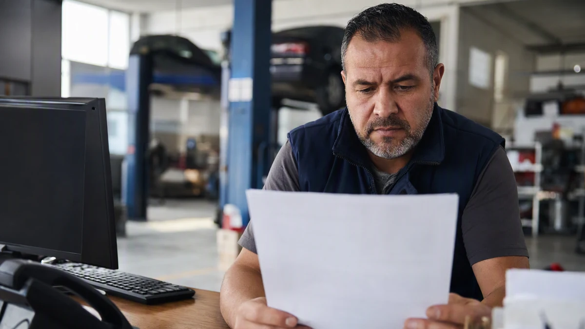 Dono de oficina lendo um documento de convenção coletiva de trabalho em uma mesa de escritório
